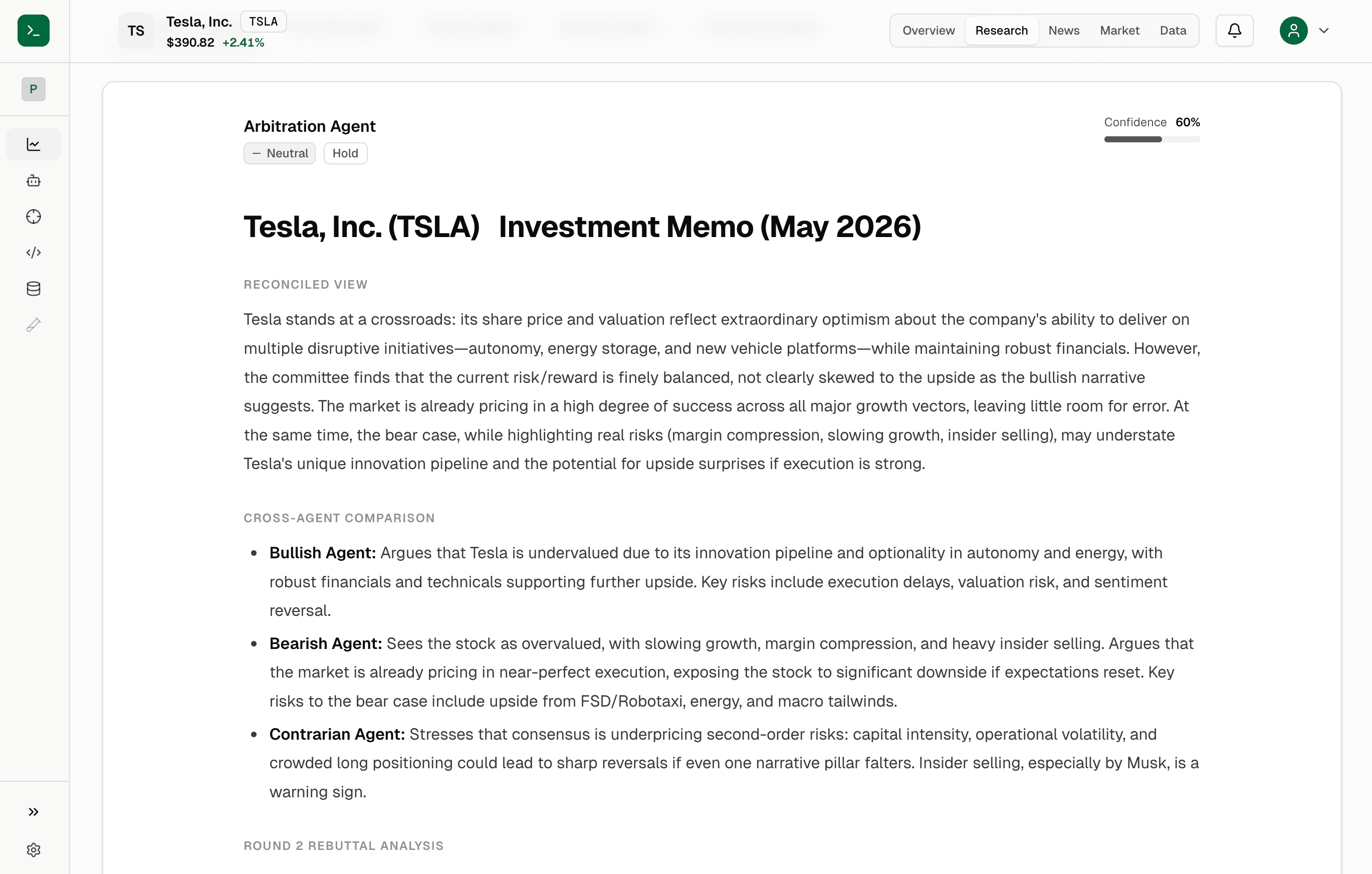 QueryMarkets research view showing bull, bear, and contrarian perspectives with reasoning
